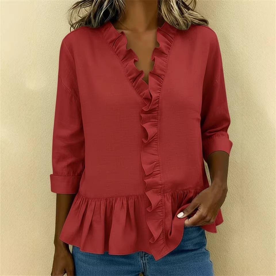 2026 Summer New Women's Solid Color Ruffle T-Shirt, Casual Three-Quarter Sleeve Blouse for Women