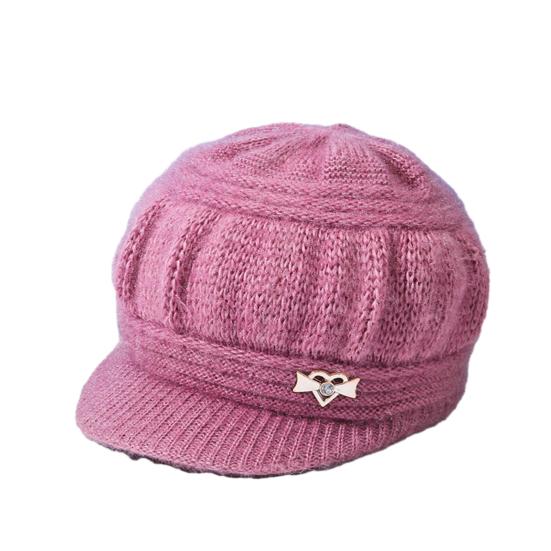Mid-aged Women Winter Hat Thickened Knitted Elastic Short Brim Heart Rhinestone Decor Pure Color Windproof Warm Head Protection Lady Cap