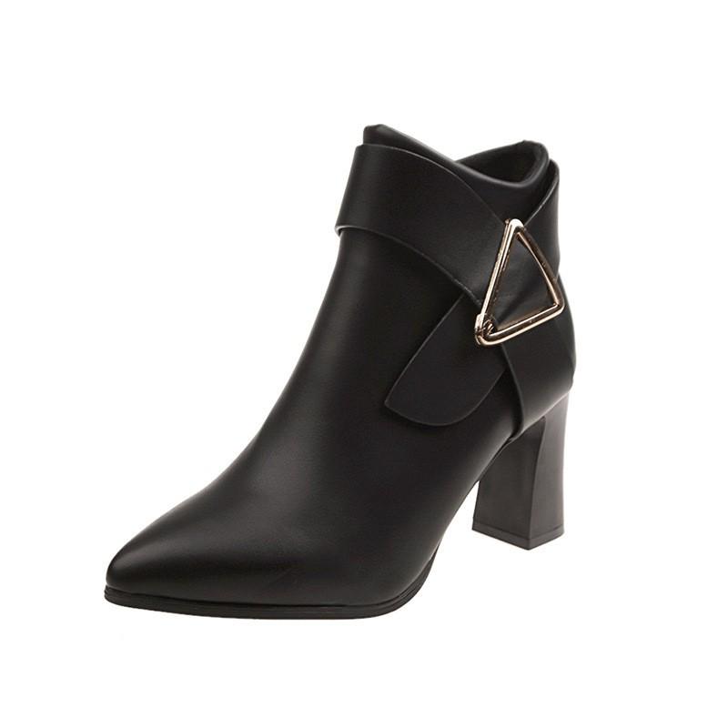 Womens Pointed Toe Chunky Heel Side Zip Ankle Boots PU Leather Fashion Winter Short