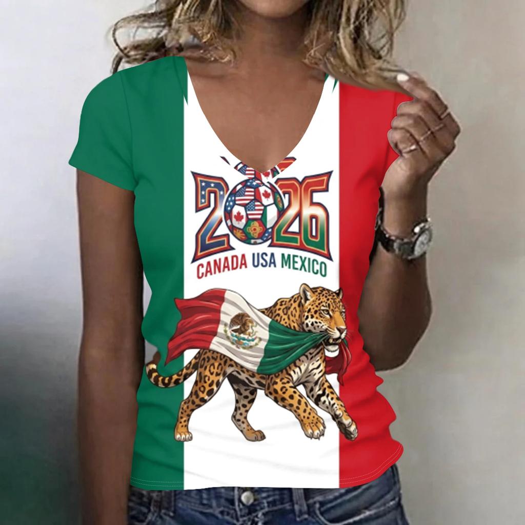 Women's V Neck Lightweight Short Sleeve Top Soccer Inspired Print Casual Summer Shirt for Canada USA Mexico Fans