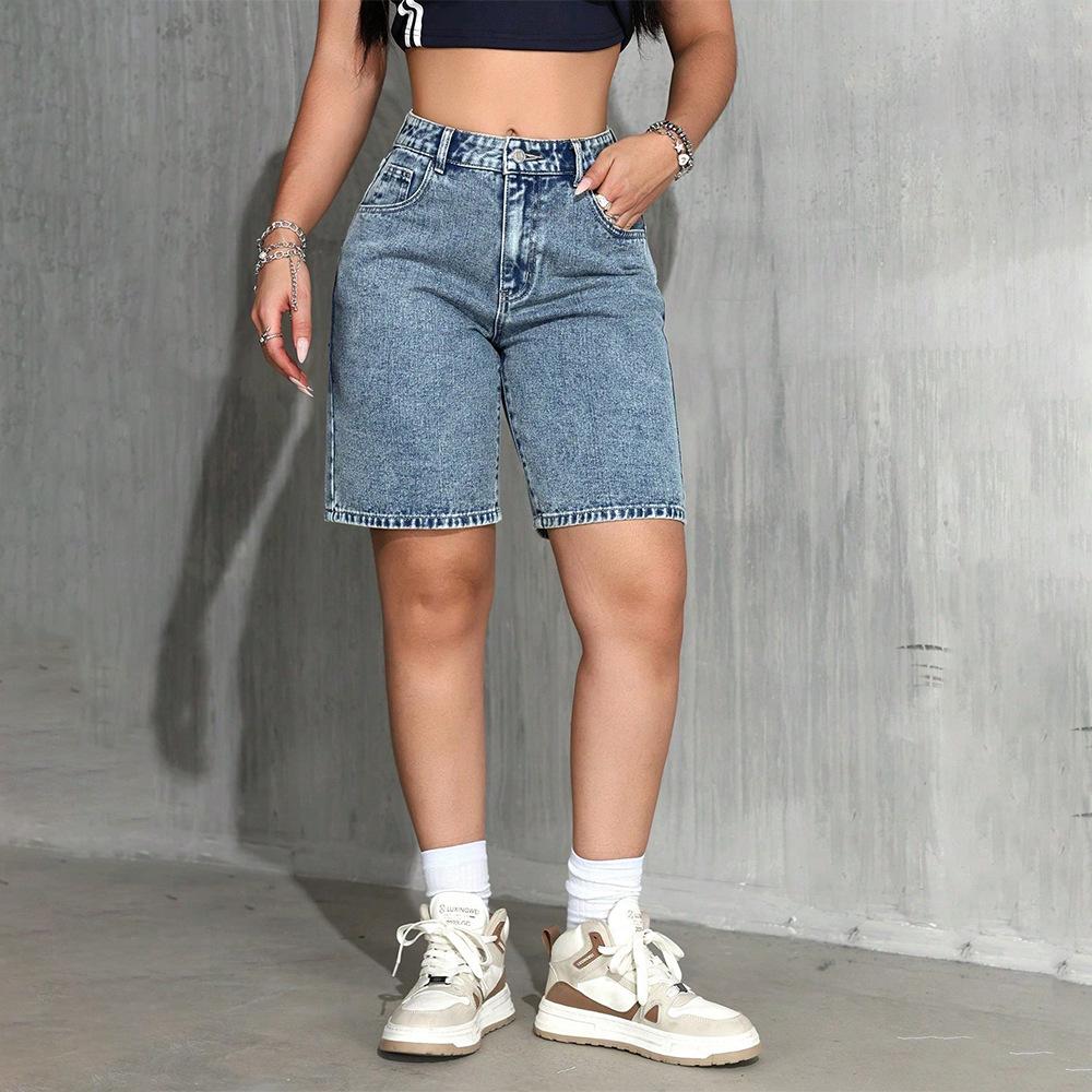 Women's High Waist Denim Shorts Dark Blue Casual Slim Fit Summer Shorts
