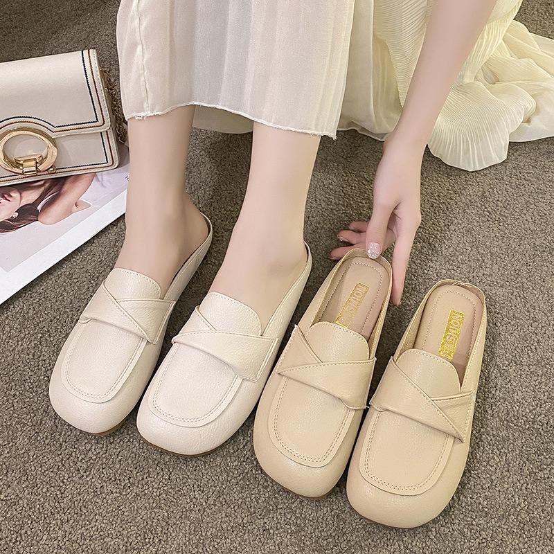 Fashion Classic Woman Square Closed Toe Slippers Summer Mules Flat Shoes Fashion Pu Leather Casual Sandals Women Wedding Shoes De Mujer