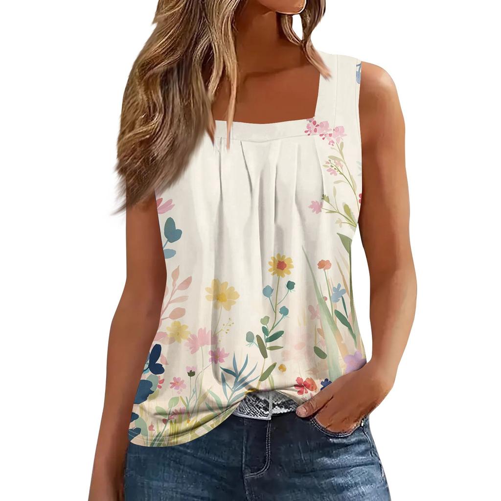 Women's Fashion Casual Pleated Square Collar Sleeveless Vest Print Summer T-shirt