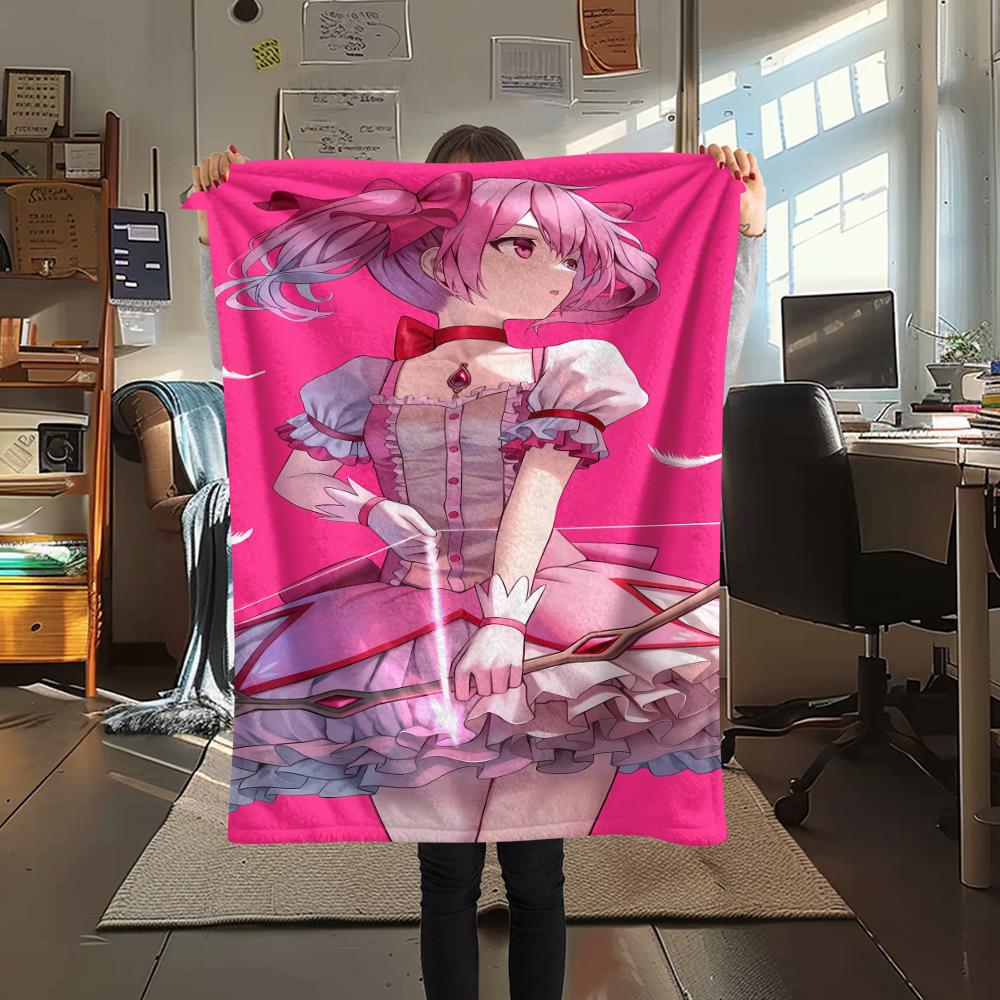 1PC Puella Magi Madoka Magica Print Flannel Blanket, High Quality All Seasons, Home Decor, Warmth and Comfort, Perfect for Christmas Gifts