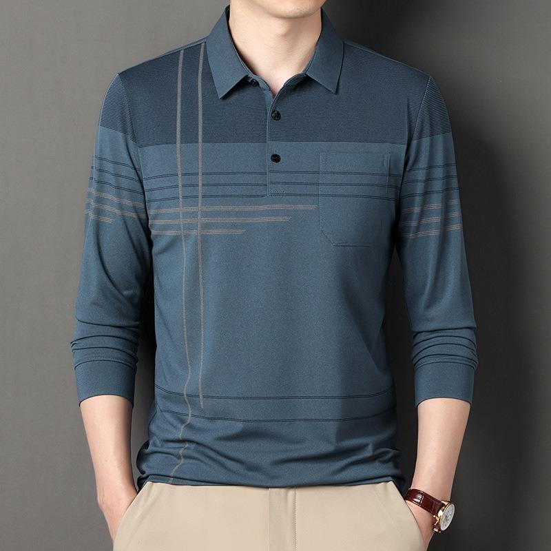 Men S Long Sleeve Striped Polo Shirt Casual Middle Age Dad Style