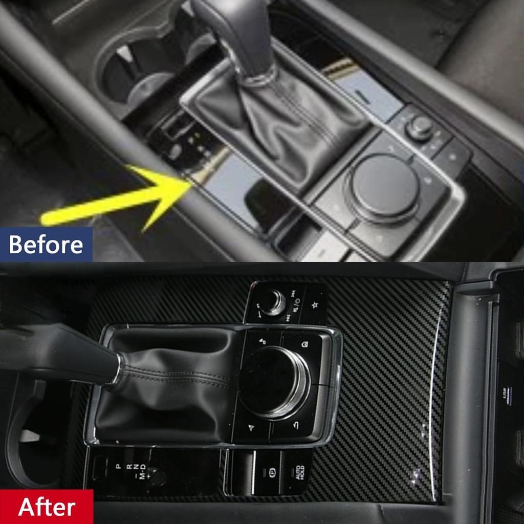 Car Accessories Fit for 2024 2025 Mazda 3 Axela Interior Gear Shift Knob Console Media Panel Cover Trim (Carbon Fiber Style) Stainless Steel 1