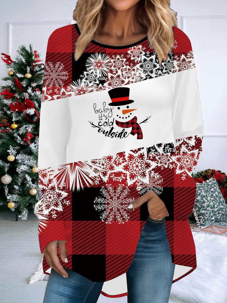 Storlek Dam Vår Jul Renmönstrad Bekväm Långärmad Rundhalsad T-shirt Casual Rymlig Mellanlång Tee Toppar