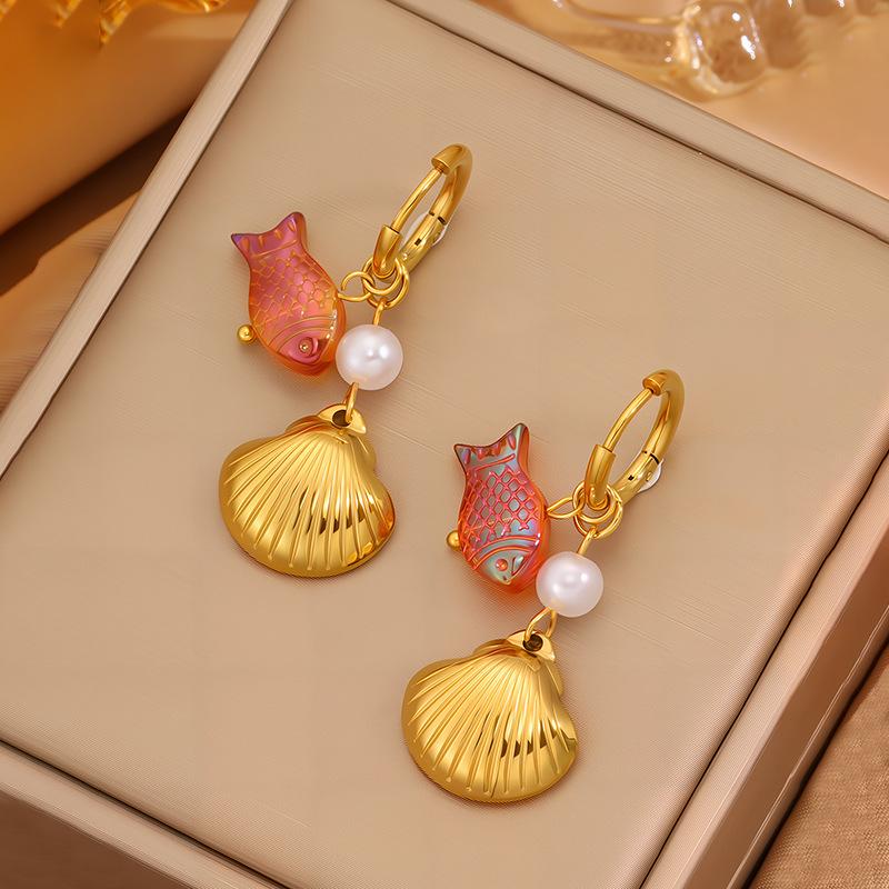 Stainless Steel Earrings with Ocean-themed Pearl Pendants. Sea Star and Dolphin Shell Titanium Steel Earrings for Decoration.