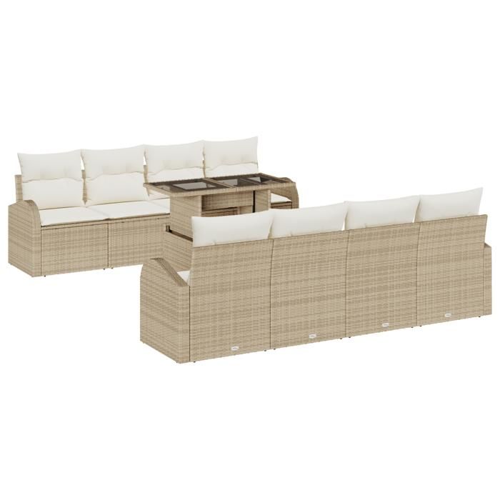 VidaXL Ensemble de Canapés de Jardin 9 Pièces avec Coussins Beige Poly Rattan 3348607