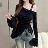 Cotton Off-the-shoulder Long-sleeved T-shirt Women's Spring and Autumn Korean Version Irregular Slim-fitting and Thin Sweet and Spicy Bottoming Shirt