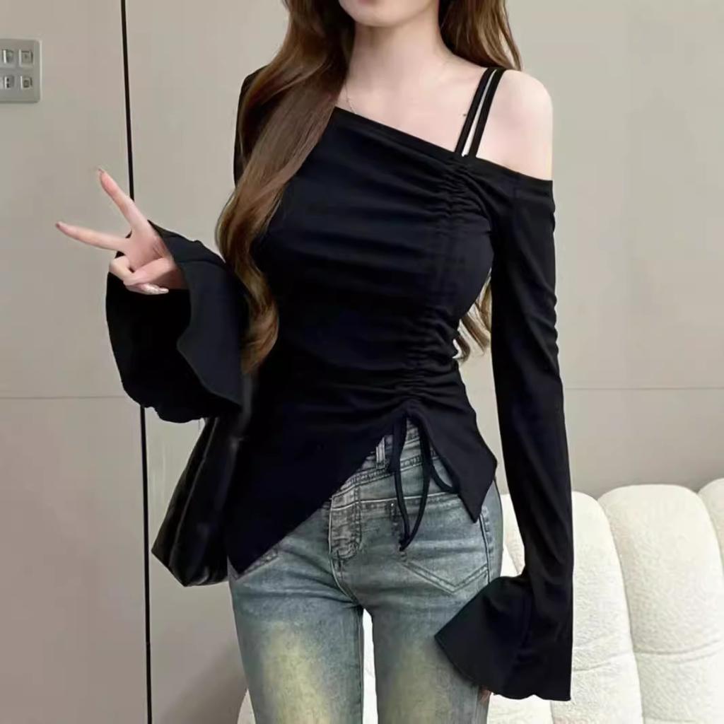 Cotton Off-the-shoulder Long-sleeved T-shirt Women's Spring and Autumn Korean Version Irregular Slim-fitting and Thin Sweet and Spicy Bottoming Shirt