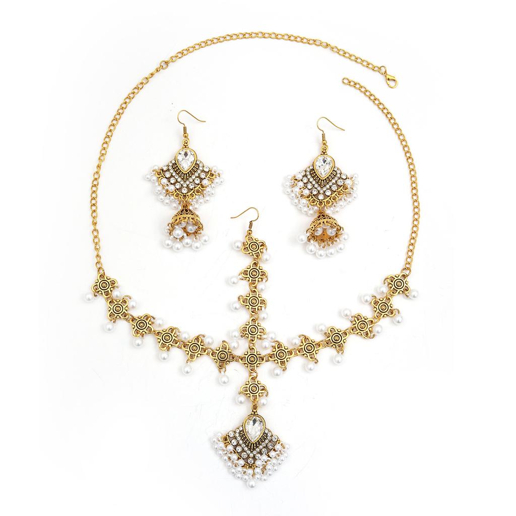 European and American bohemian luxury fringed necklace earrings set exotic style pearl rhinestone collarbone chain ear jewelry