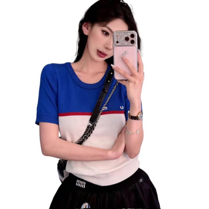 Miu Style High-Quality Embroidered Color-Block Knit Short-Sleeve Top for Summer 2026 - Simple, Casual, and Versatile for Trendy Girls