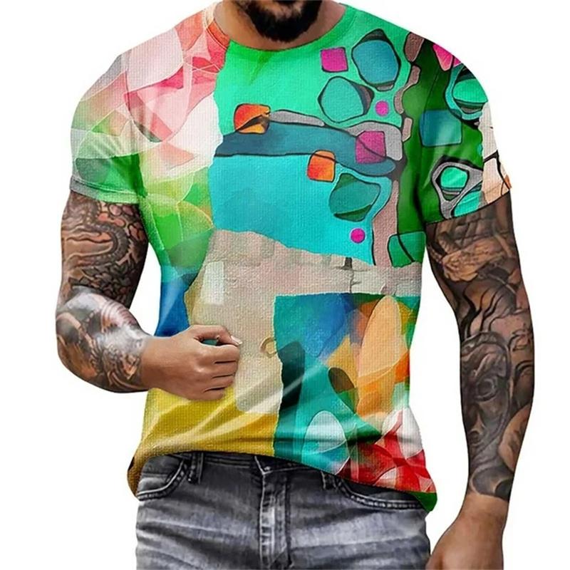 Colorful Graffiti Pattern T Shirt For Men Color Blocking 3D Print Tees Summer Casual Short Sleeve Round Neck Tops Loose T-Shirts