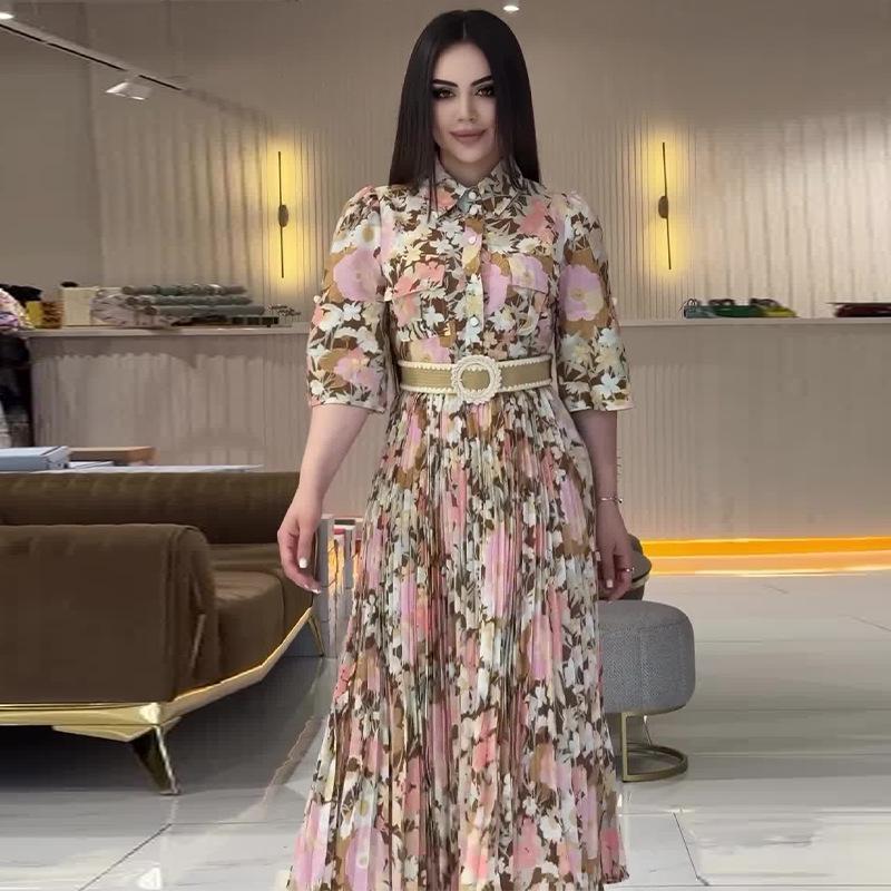 2024 Autumn Bohemian Print Turn-Down Collar Dress