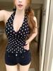 V-neck Strappy Polka-Dot Halter Tank Top Sexy Figure-Hugging Halter Top Polka-Dot