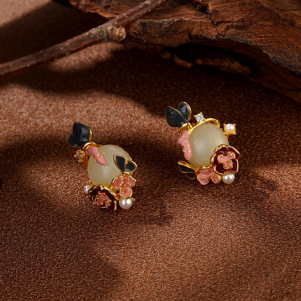 New Chinese enamel drop glaze flower earrings imitation jade high-end sense niche ear jewelry national style temperament versatile earrings