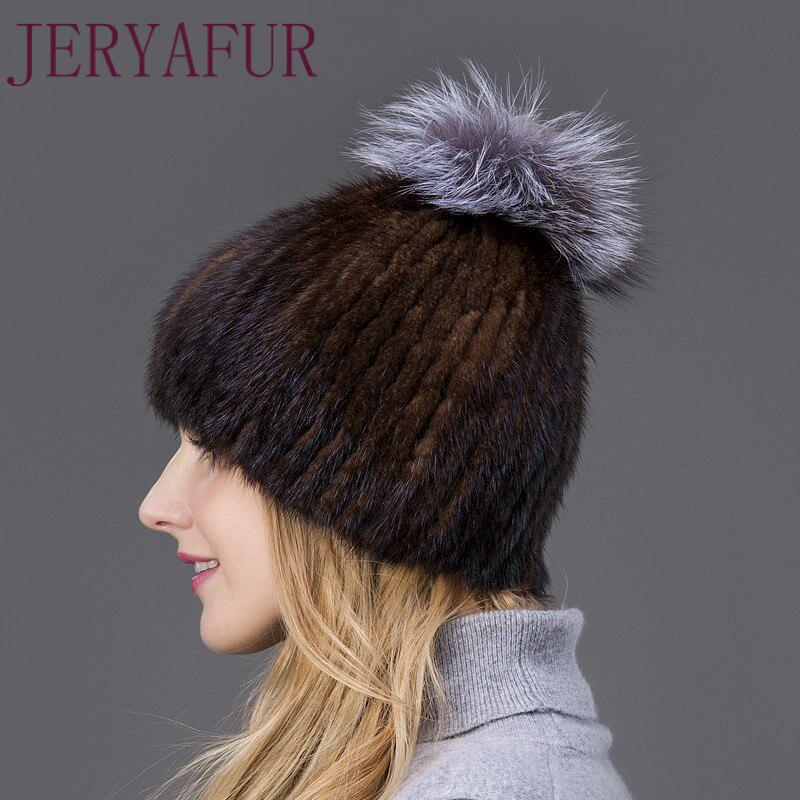 JERYAFUR Módní zimní čepice Teplá dámská pletená čepice Norková čepice s vertikální tkanou liščí bambulí lyžařská čepice