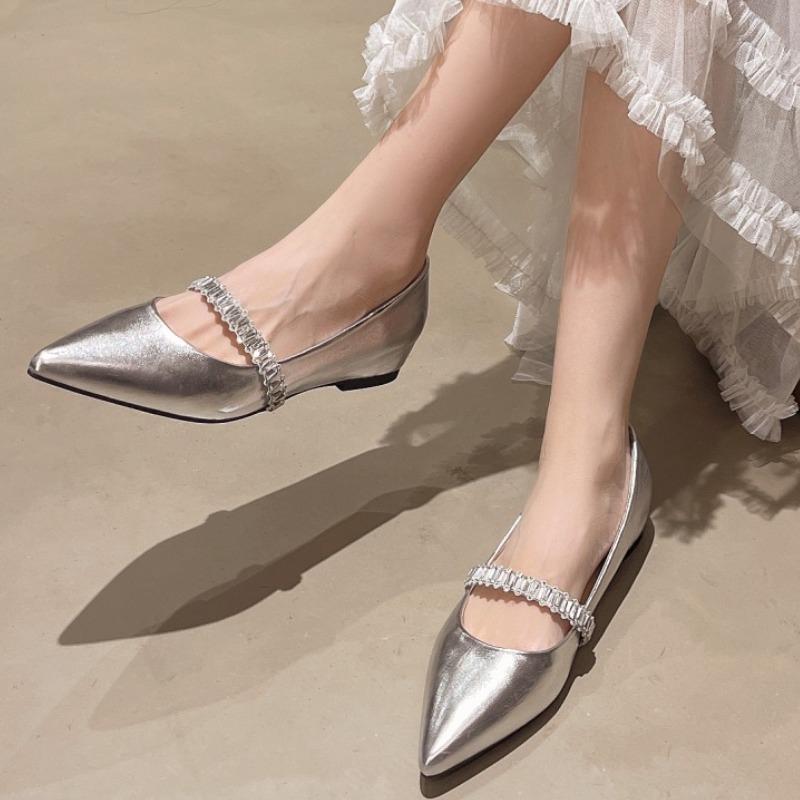 2025 Crystal Ankle Band Mary Jane Shoes for Woman Sexy Pointed Toe Shallow Heightening Wedge Ballet Shoes Slip On Female Loafers