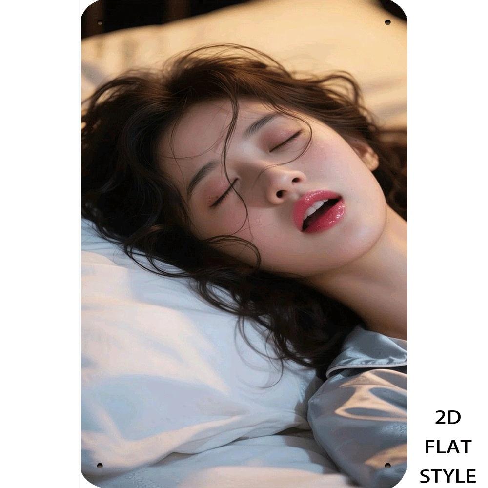 

Sleeping Asian Woman in Satin Pajamas Metal Tin Sign D Flat Style Japanese Room Portrait Wall Art Decor Waterproof Rustproof 20x30cm（7.8x11.8inch）