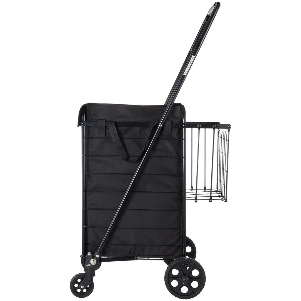Shopping Cart, Folding Grocery Utility Cart with Dual Baskets, Waterproof Liner & Wheels, 45 KG Large Load Capacity, Heavy Duty Laundry Basket for