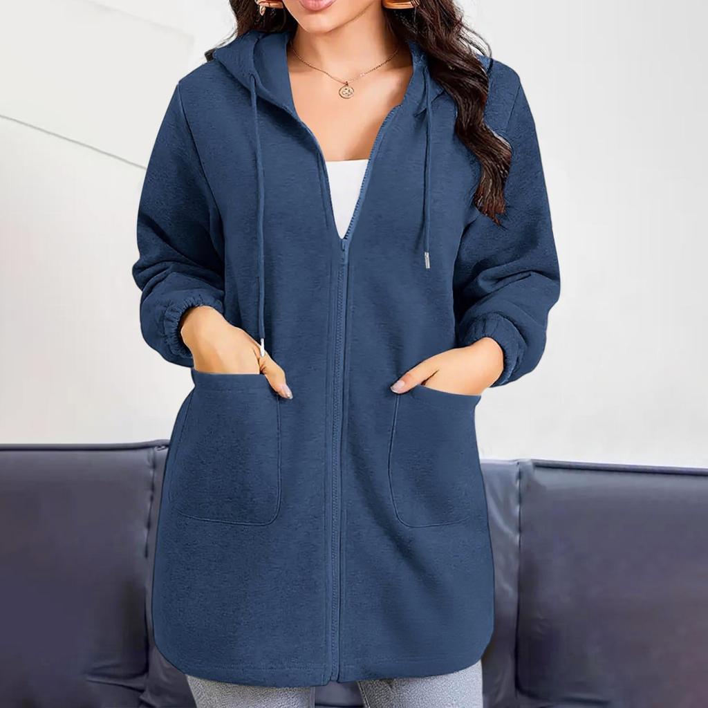 2025 Women's European & American Casual Hooded Long Jacket with Zip Pockets