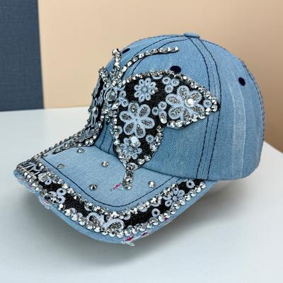 New Spring and Summer Sunscreen Lace Butterfly Flower Diamond Baseball Milliner Summer Visor Washed Denim Cap