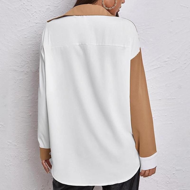 Long Sleeve Elegant Shirt Blouse White Black Button Vintage Turn Down Collar Office Ladies Shirt Casual Color Block Shirts