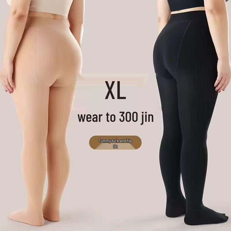 Plus Size Open Crotch Fleece-Lined Nylon Stockings, Thick Warm Leggings for Autumn/Winter