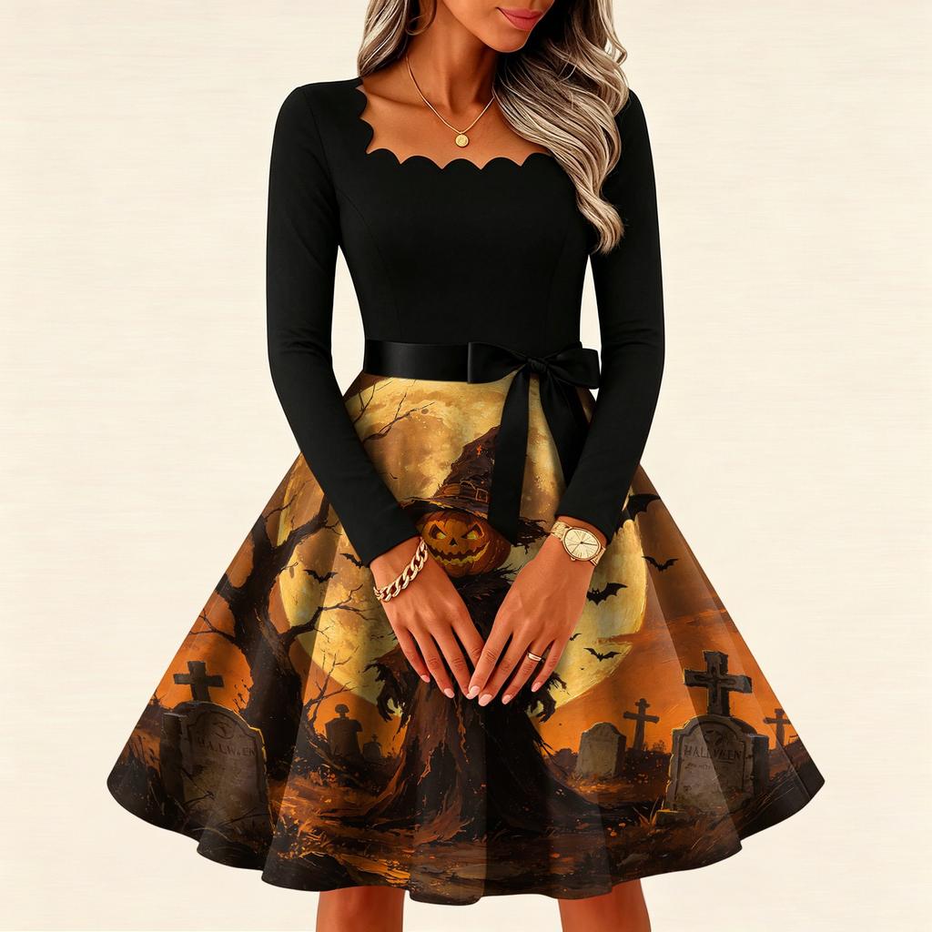 Women's Vintage Long Sleeve Square Neck Dress with Halloween Print for Party Evening Wear