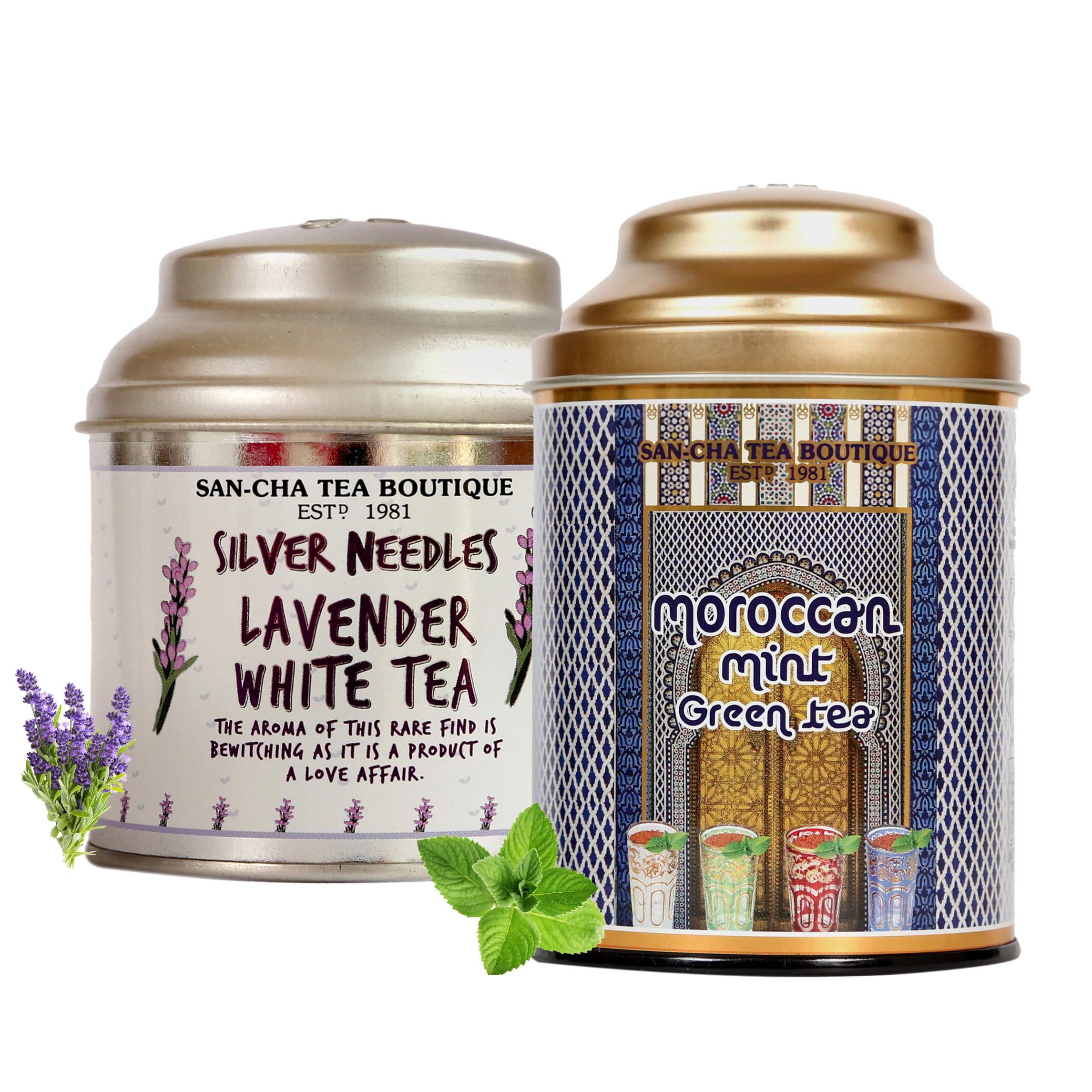 Sancha Tea Boutique, Combo Pack, Lavender White (25g Loose Leaf) & Moroccan Mint Green (100g Loose Leaf), Rich in Antioxidants, Calming & Re