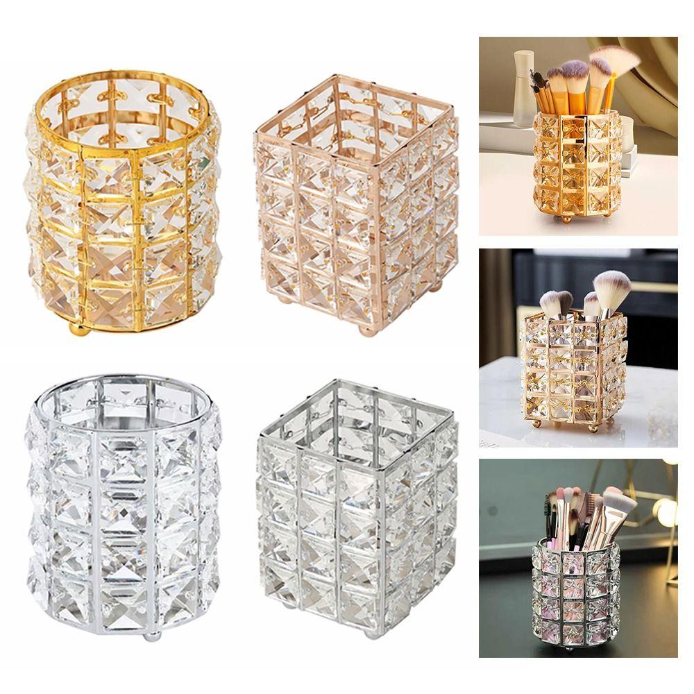 Metal+Crystal Pen Holder Desktop Organization Desktop Storage Bucket Luxury Makeup Brush Holder