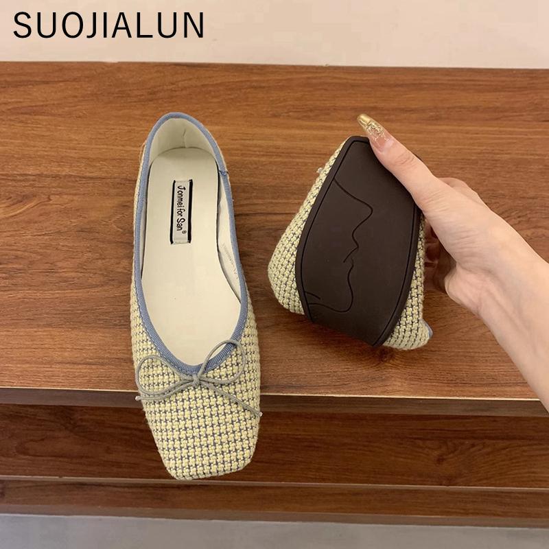 Mode SUOJIALUN Printemps Nouvelles Chaussures Plates pour Femmes Mode Bout Rond Peu Profondes Slip On Ballerines Talon Plat Souple Extérieur Robe Ballerines