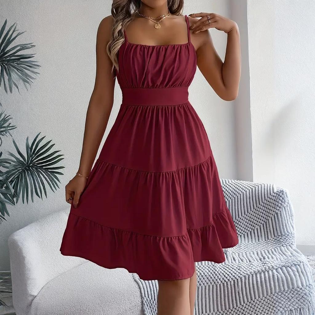 Women's Fashionable Solid Color Square Neck Sleeveless Camisole Layered Pleated Dress