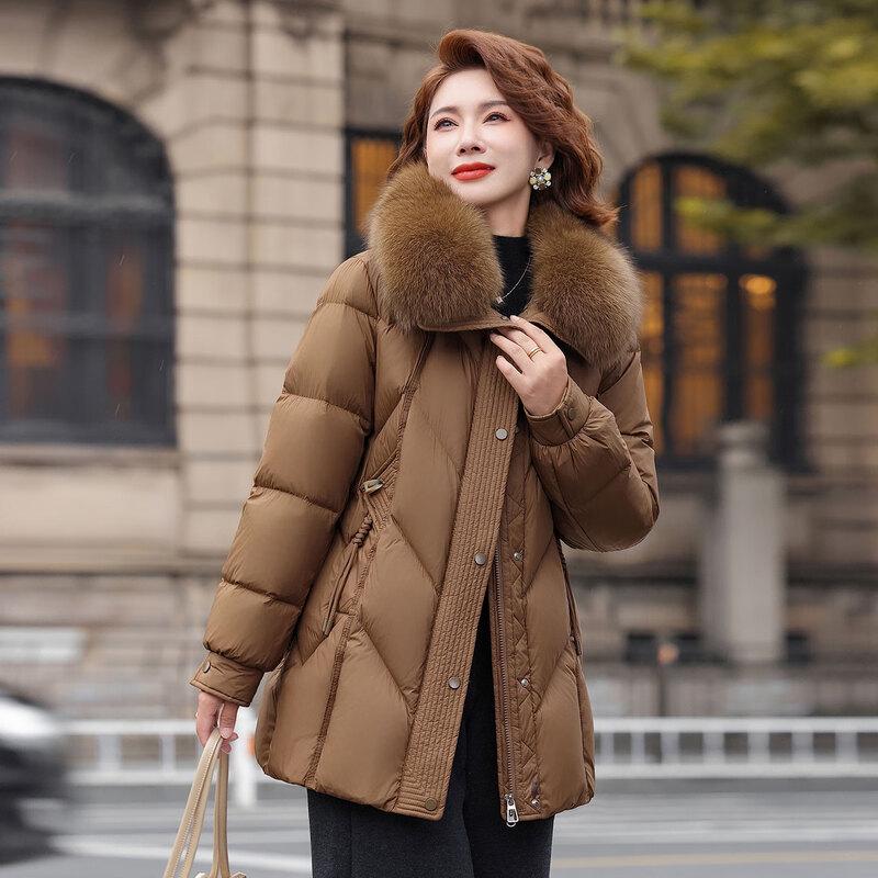 YAYA 2025 Winter Women's Mid-Length Down Jacket with Fox Fur Collar