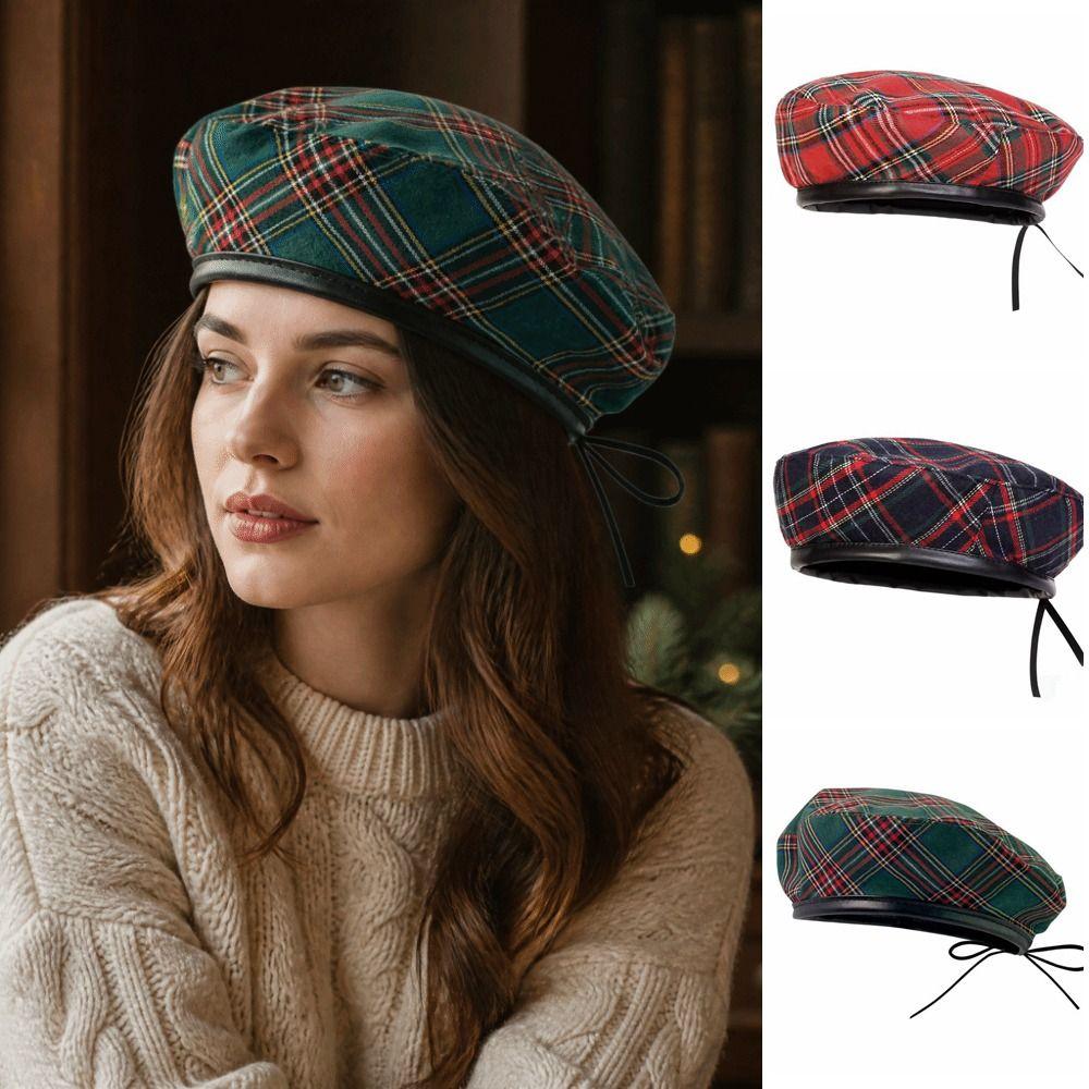 Y2K Tartan Plaid Beret Drawstring Artist Hat Fashion Newsboy Cap Autumn