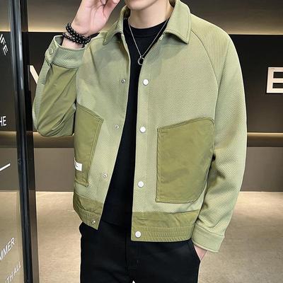Men's Korean-Style Contrast Stitching Twill Jacket - Trendy 2023 Spring/Autumn Green Fashion.