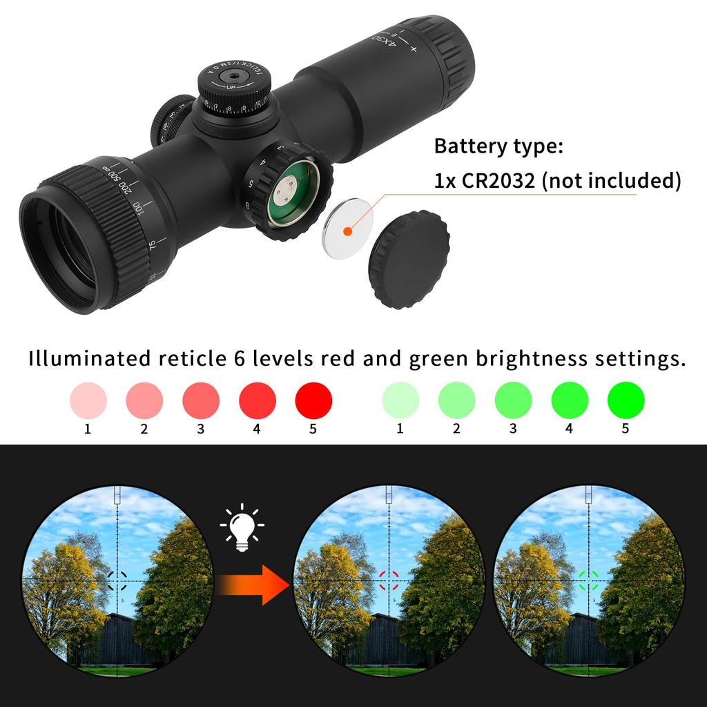 FOCUHUNTER 4x30 AO Compact Scope with Parallax Adjustable Focus, 5-Level Red and Green Reticle, 12MOA, 1200G Recoil, IP67 Waterproof, 16.5cm Long,
