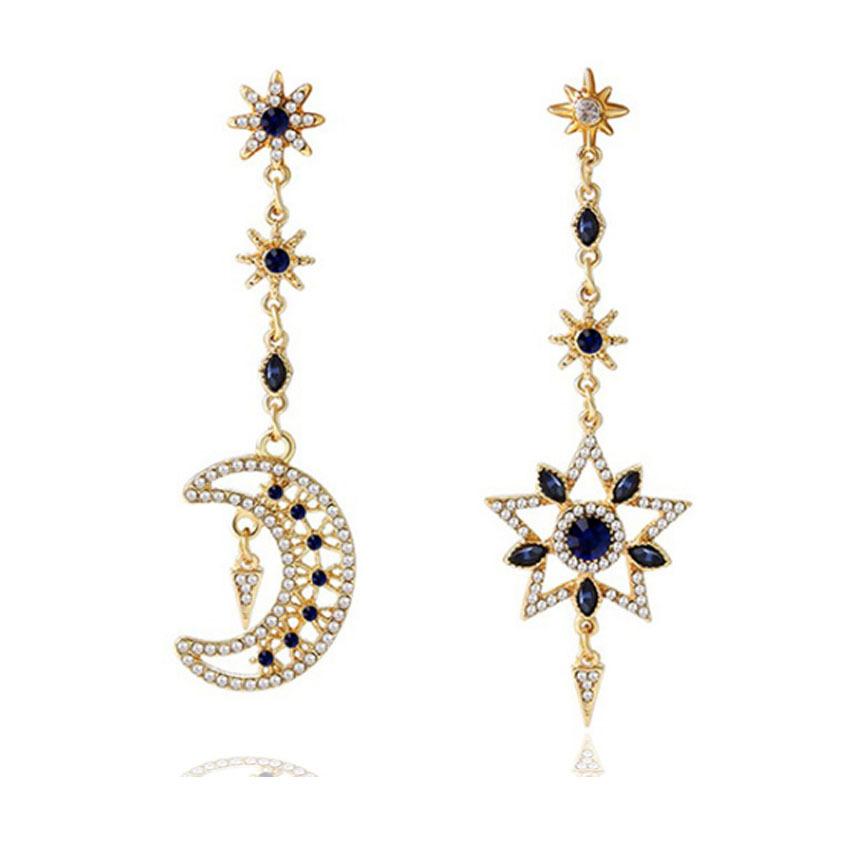 Charm Luxury Geometric Hollowout Blue Crystal Sun Star Moon Long Dangle Earrings for Women Korean Designer Earrings Jewelry Gift