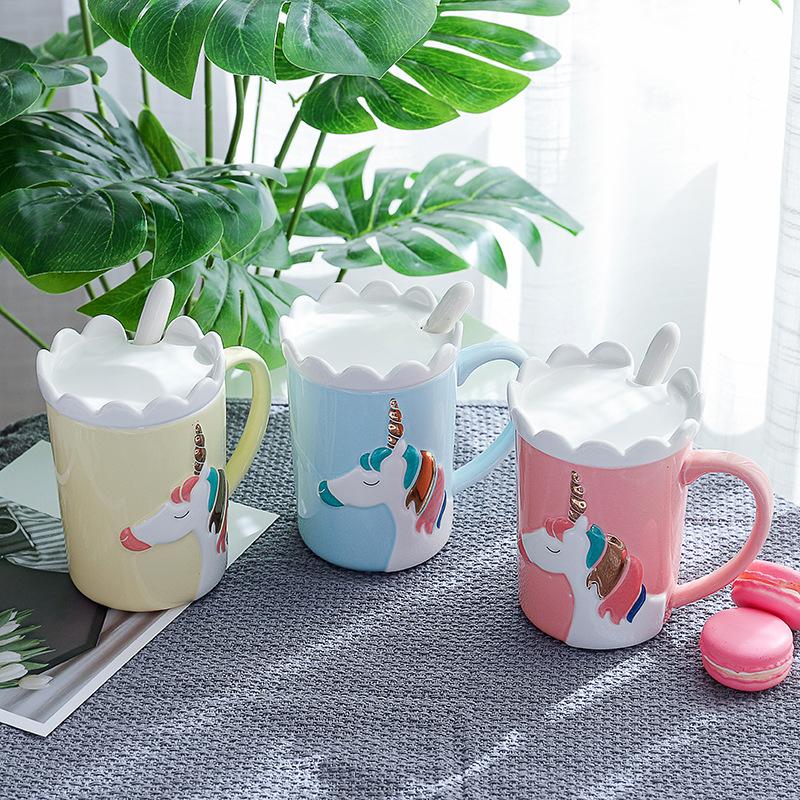 YOMDID Creative Unicorn Coffee Mug Practical Ceramic Cup Milk Coffee Tea Drinking Cups With Spoon And Crown Lid Drinkware 350ml