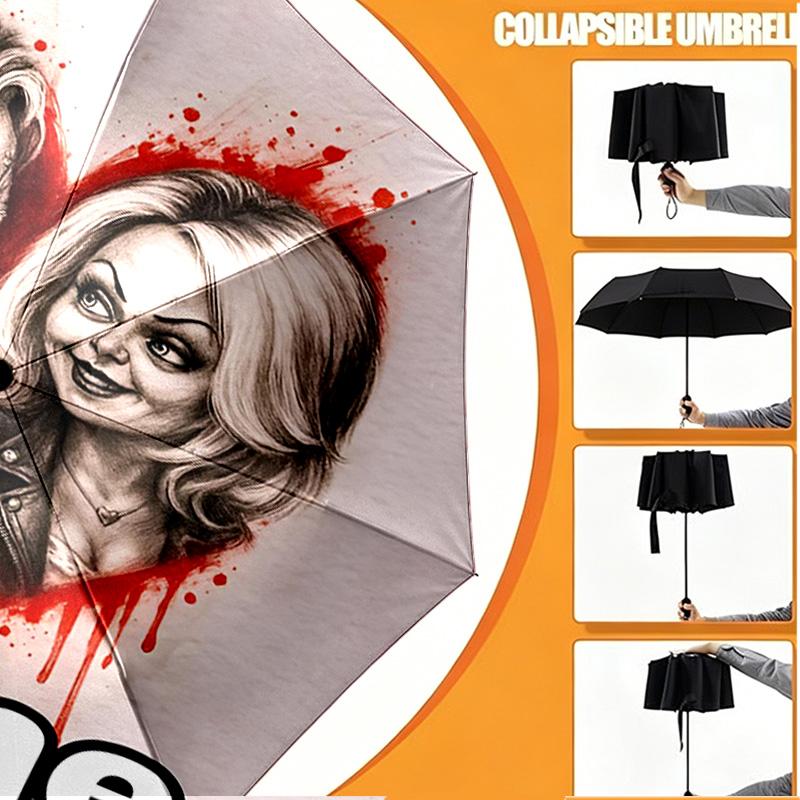 Custom Name Personalized Bride of Chucky Print Umbrella, Auto Open Close, 8‑Rib Sturdy Frame, Commute Camping Hiking Use, Birthday Gift
