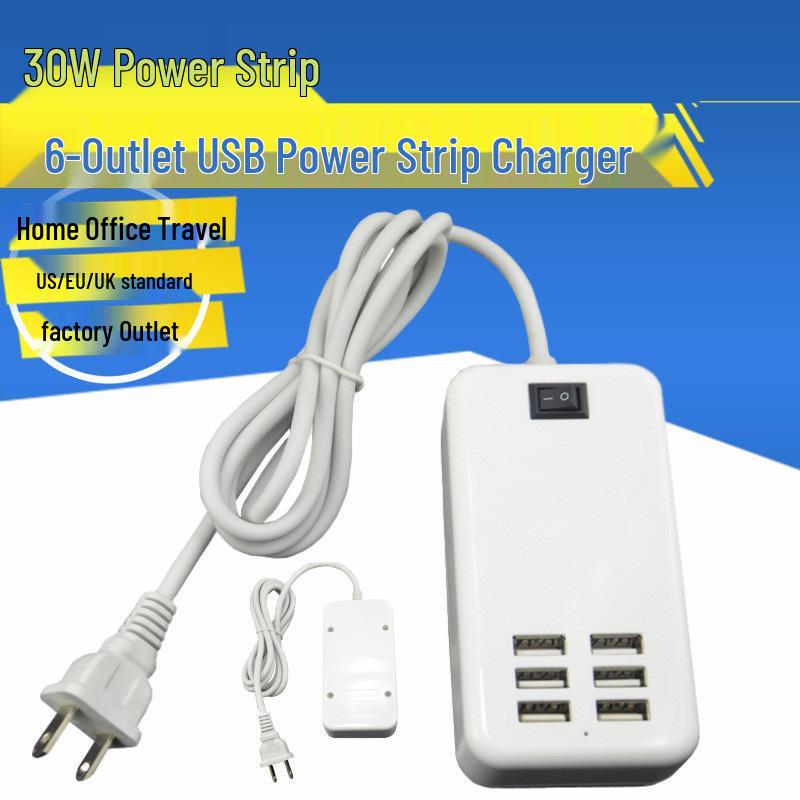 

6-Port USB Power Strip Charger for Smartphones & Tablets - Fast Charging 1A, 2A, 3A White EU Plug