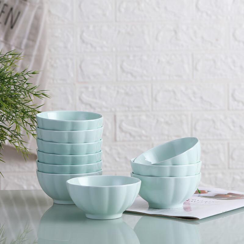 Haoya Jingdezhen Underglaze Ceramic Rice Bowls Set - Celadon Pumpkin, 4.5-inch, 10-Piece