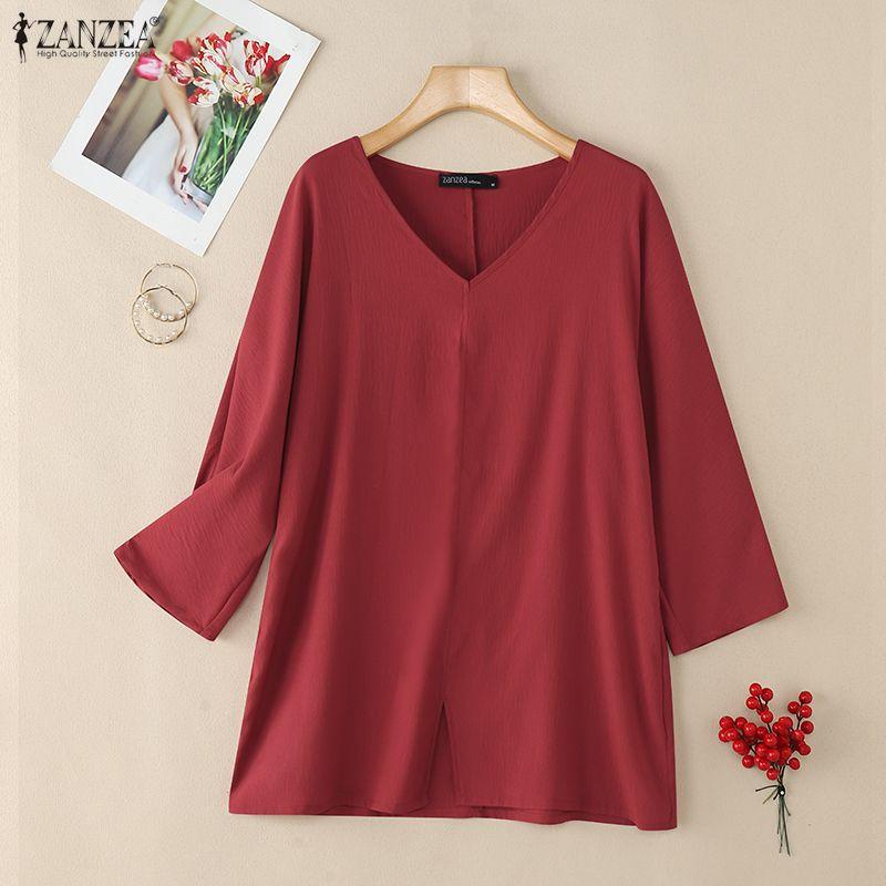ZANZEA Women Casual V-Neck Loose 3/4 Sleeve Solid Blouse