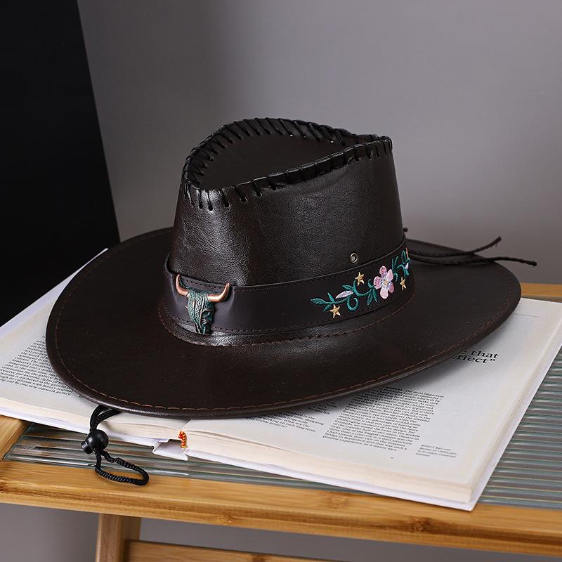 Vintage Fashion Cow Head Decorated Western Cowboy Hat Faux Leather Panama Style Bucket Jazz Cap for Men