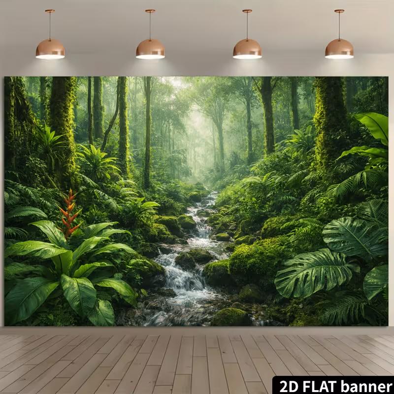 2D Enchanted Forest Mural with Mist and Tropical Plants Photo Background