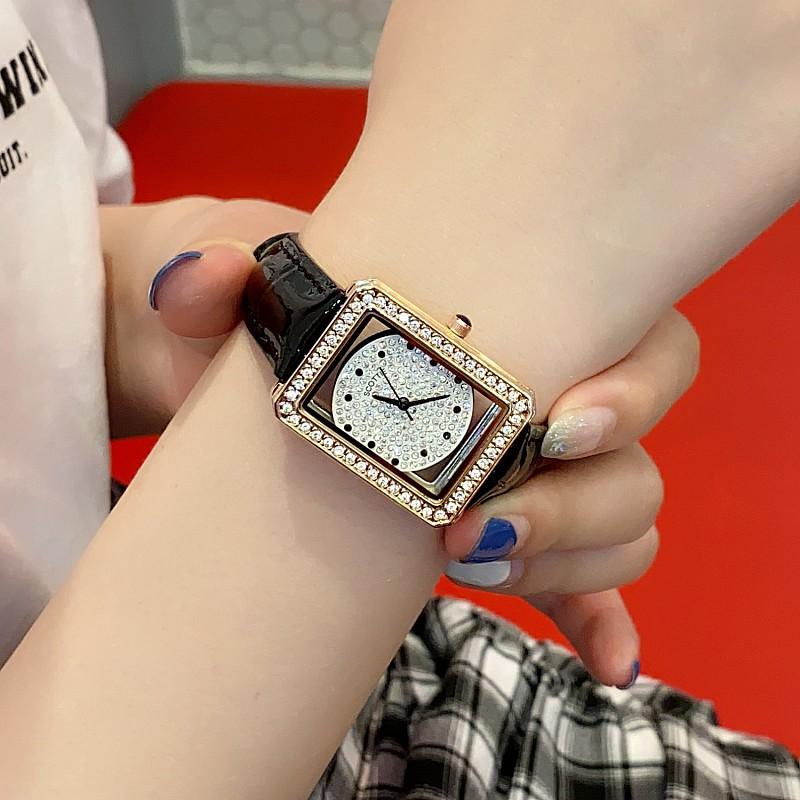 Square Hollow Dial Watch Ladies Fashion Watch Femininity Small Square Watch Wind Leather Strap