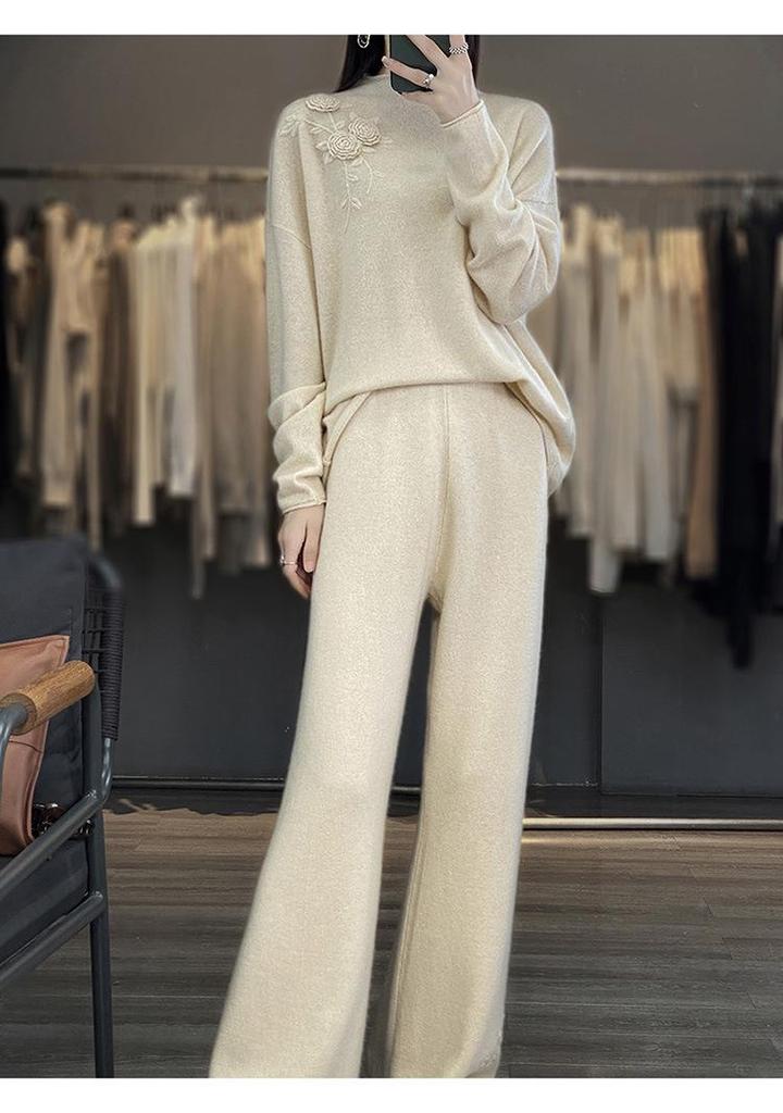 Women's Casual Rolled Hem Wool Sweater, Half-High Collar Loose Fit, Solid Color Base Layer for Autumn & Winter