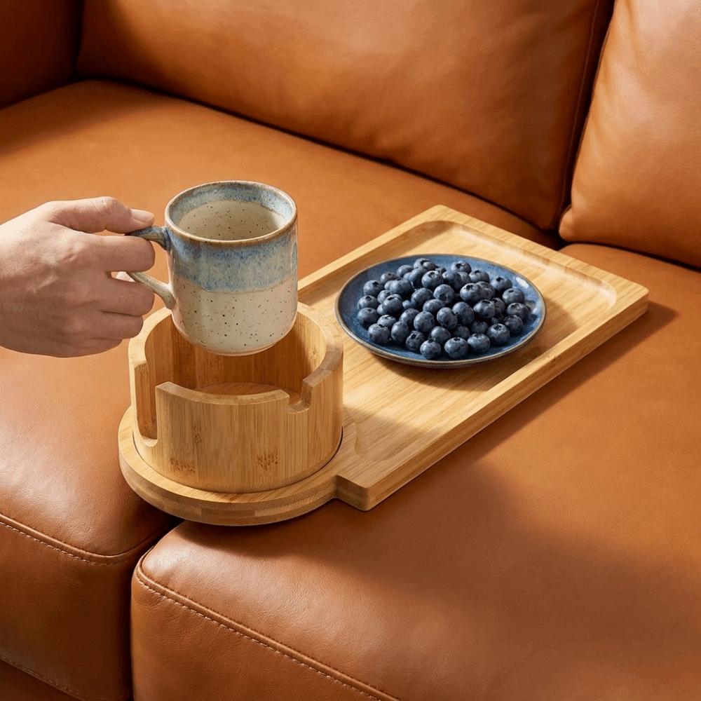 Wood 2 in 1 Couch Arm Tray Movable with Rotating Mug Holder Sofa Armrest Gap Tray Space Saving Sofa Armrest Storage Tray Drinks