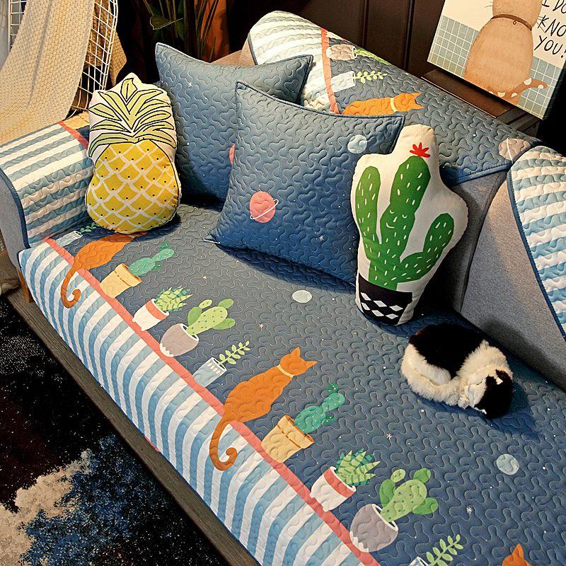 

Offer Big Sale Pure Cotton Sofa Cushion Minimalist All Year Round Fabric Cotton Non-Slip Cover Cover Cute Pet Three Seats One Imperial Concubine Star Cat 70*70cm
